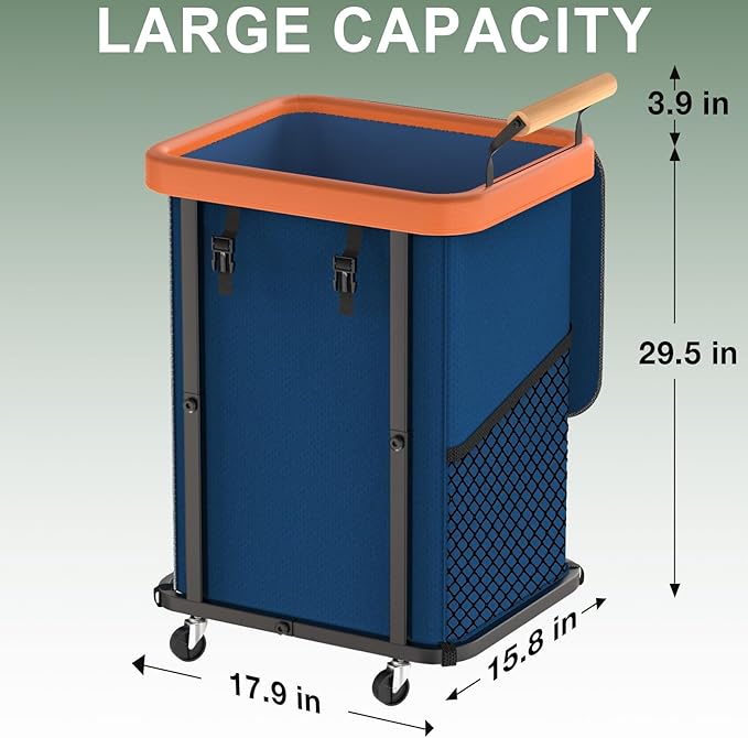 150L (40 Gal) Extra Large Fashion Laundry Basket with Wheels, Rolling Basket Hamper with Handle, Organizer Storage Cart with Sturdy Metal Frame for Laundry Room - Dark Blue