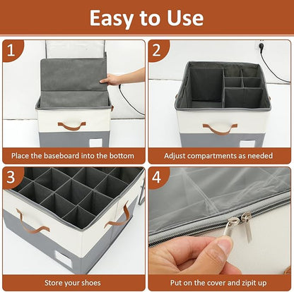 Shoe Organizer for Closet, Foldable Shoe Storage Bins with Clear Cover, Large Adjustable Shoe Box Storage Containers, Fits 8-16 Pairs, Space Saving Shoe Organizer Container for Sneakers Boots, Grey