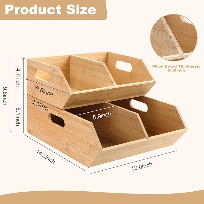 2 Set Pantry Organizers and Storage Bins, Bamboo Stackable Baskets for Potatoes, Onion, Bread, Vegetables - Bamboo Pantry Organizer Containers for Drawer, Cabinet, Countertop