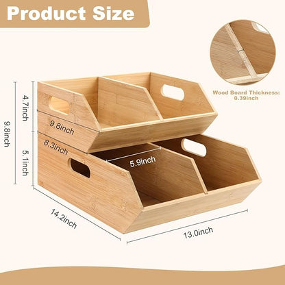 2 Set Pantry Organizers and Storage Bins, Bamboo Stackable Baskets for Potatoes, Onion, Bread, Vegetables - Bamboo Pantry Organizer Containers for Drawer, Cabinet, Countertop