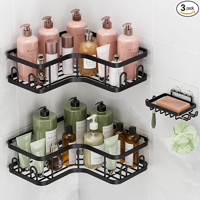 Veken Corner Adhesive Shower Caddy 3-Pack with Soap Holder&Hooks,No Drilling Shower Shelves,Rustproof & Waterproof Bathroom Organizers and Storage,Rack for Small Spaces, Kitchen&Rental-Friendly,Black