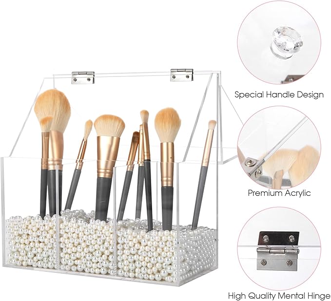 Vevitts Acrylic Makeup Brush Holder, Clear Cosmetic Storage Box with 3 Brush Holders, Dust Cover, Large-Capacity Split Design for Organizing Vanity Desk