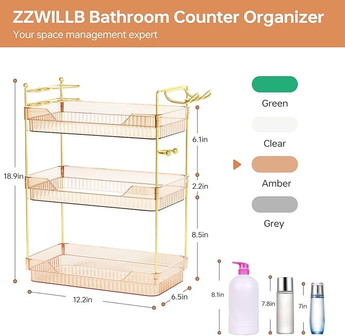 3-Tier Bathroom Countertop Organizer - Amber Acrylic Vanity Trays with Hair Dryer & Toothbrush Holder - Luxury Skincare, Perfume & Makeup Storage Rack for Countertop, Dresser & Cabinet