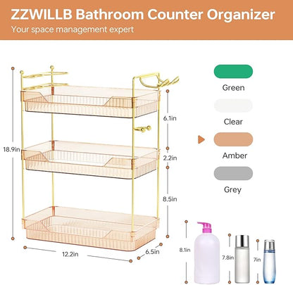 3-Tier Bathroom Countertop Organizer - Amber Acrylic Vanity Trays with Hair Dryer & Toothbrush Holder - Luxury Skincare, Perfume & Makeup Storage Rack for Countertop, Dresser & Cabinet
