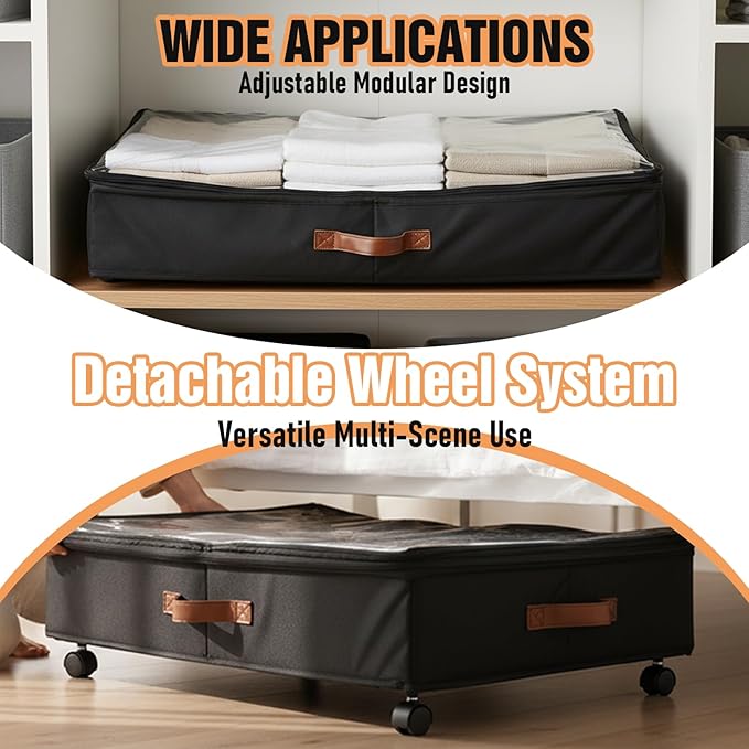 AVOKIHI 2 Pack Under Bed Storage with Wheels (Adjustable Height 7.9"-9.5"), 75L Rolling Underbed Storage Containers, Collapsible Metal Frame & Washable Fabric Drawer for Clothes, Shoes, Blankets