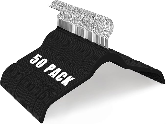 50 Pack Black Velvet Hangers Shirts, Non-Slip Felt Clothes Hangers 360°Swivel, Holds up to 10 lbs Slim Flocked Space Saving Coat Hangers for Pants Tank Top Dresses Closet Organizers, Black