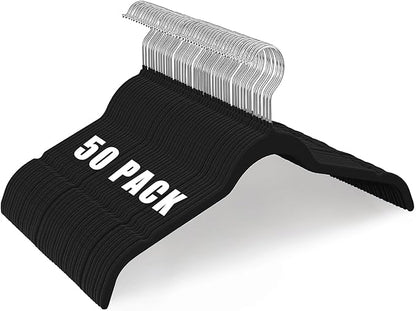 50 Pack Black Velvet Hangers Shirts, Non-Slip Felt Clothes Hangers 360°Swivel, Holds up to 10 lbs Slim Flocked Space Saving Coat Hangers for Pants Tank Top Dresses Closet Organizers, Black