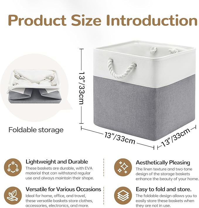 13 x 13 Inch Cube Storage Bins, 6 Pack Fabric Storage Basket with Handles, Foldable Boxes Organizer for Shelf Baskets for Home, Clothes (White/Grey)