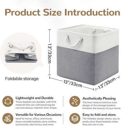 13 x 13 Inch Cube Storage Bins, 6 Pack Fabric Storage Basket with Handles, Foldable Boxes Organizer for Shelf Baskets for Home, Clothes (White/Grey)