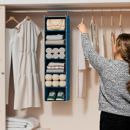 MAX Houser 6-Shelf Hanging Closet Organizer, Hanging Storage Shelves with 2 Sturdy Hooks Space-Saving for Bedroom, Foldable (Blue)