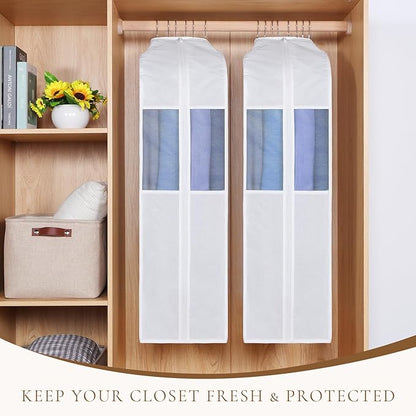 Univivi Premium Cotton Garment Bags for Hanging Clothes, 32 Inch Washable Suit Bags for Closet Storage with Extra Large 10" Gusset & Clear Window - Perfect for Shirts, Short Skirt - 4 Pack