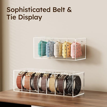 FEMELI Belt Organizer, Acrylic Belt Storage for Closet with Lid, 5 Compartments Belt Container Display Holder for Drawer, Tie Case for Women Men Home