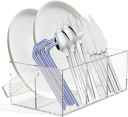 Acrylic Utensil Holder Silverware Organizer with Handle and 4 Compartments Multipurpose Party Utensil Holder for Countertop Table Buffet Picnic Clear Kitchen Space-Saving