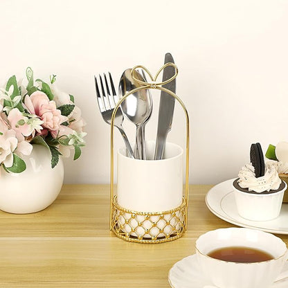 JUXYES Ceramic Silverware Holder For Tabletop, White Cutlery Holder With Golden Metal Bracket, Decorative Flatware Holder Countertop Utensil Holder Organizer for Wedding Kitchen Dining Tables
