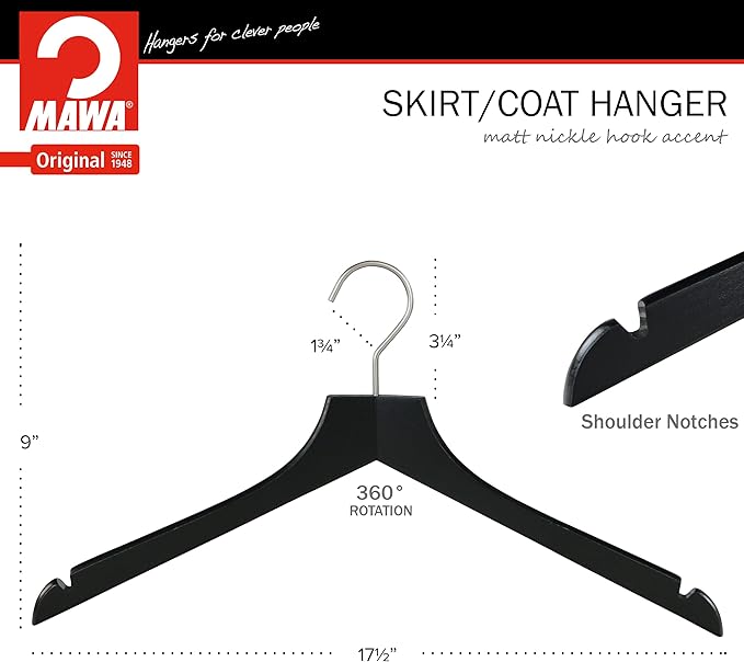 MAWA by Reston Lloyd, European Wooden Hanger, Beech Wood Straight Hanger with Shoulder Notches, Rotating Chrome Hook, Black Finish, for Shirts, Blazers, Dress Clothes Hanger, Set of 5 (26115)