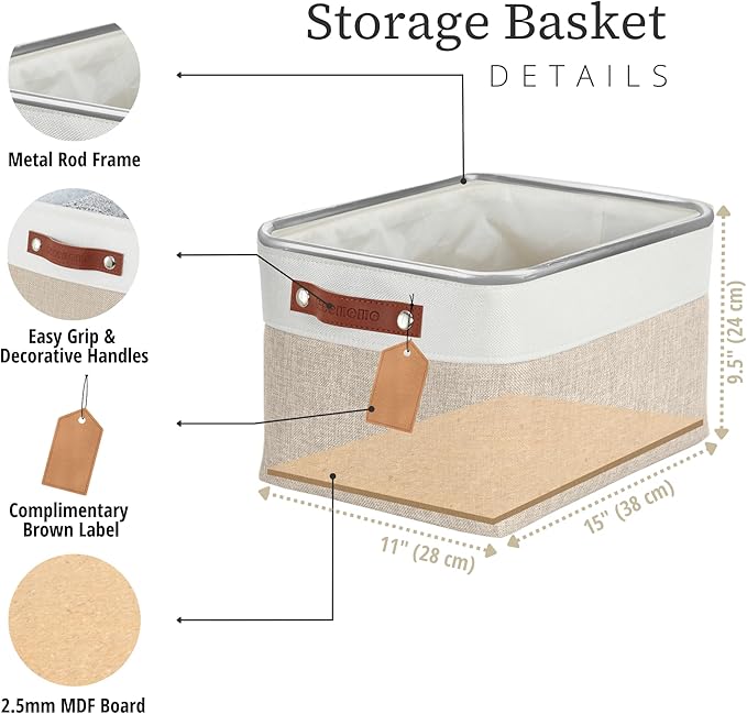 DECOMOMO Storage Bins, Large Fabric Storage Baskets for Shelves, Decorative Linen Closet Organizer, 15 x 11 x 9.5 inches (Beige & White, 1 Pack)