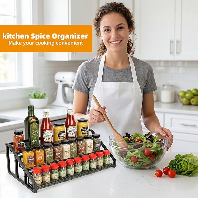3 Tier Expandable Spice Rack Organizer for Kitchen，13.7"-23.6" Expandable Spice Organization Shelf,Metal Pantry Storage Shelves Racks,Space Saving for for Pantry, Counter top (Patent Pending)