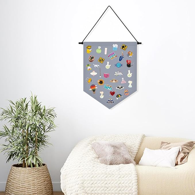 Wall Hanging Brooch Organizer Storage Board Colorful Enamel Pin Badge Canvas Display Banner Earrings Case Collection Holder 12.6x10in(Not Include Any Accessories) (Grey)