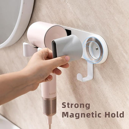 Hair Dryer Holder Wall Mounted, Hair Dryer Organizer Self Adhesive Compatible with Dyson Blow Dryer Holder Aluminum BlowDryer Holder Wall Mounted for Bathroom White