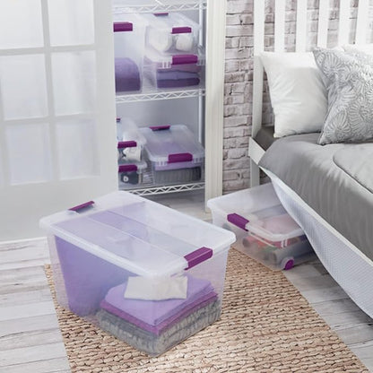 Sterilite 66 Qt ClearView Latch Storage Box, Stackable Bin with Latching Lid, Organize Clothes, Blankets, Items in Closet, Clear Base and Lid, 24-Pack