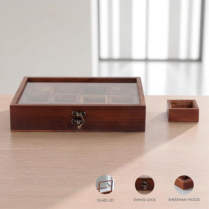 Wooden Spice Box, Masala Container, Condiments Storage Case for Kitchen, Multipurpose Decorative Box - Indian Rosewood Crafted