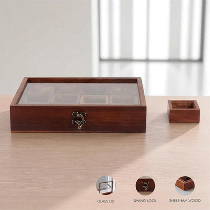 Wooden Spice Box, Masala Container, Condiments Storage Case for Kitchen, Multipurpose Decorative Box - Indian Rosewood Crafted