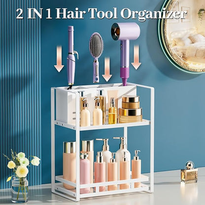 SanDream Hair Tool Organizer Bathroom Countertop, 2-Tier Metal Bathroom Organizer with Blow Dryer Holder, Large Capacity Space-Saving Vanity Shelf for Perfume, Skincare & Makeup Storage (White)