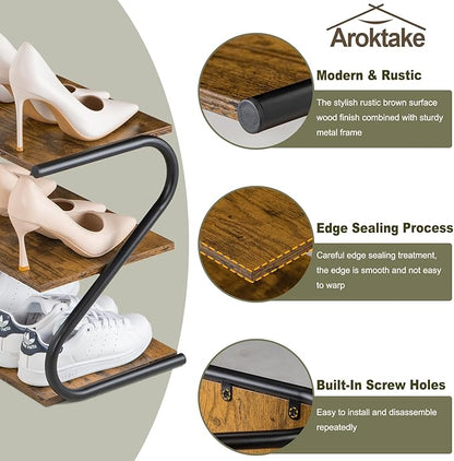 Small 3-Tier Shoe Rack Organizer, S-Shaped Wooden Shoe Shelf with Durable Metal Shelves, Free Standing Shoe Storage for Entryway, Hallway, Living Room, Closet, Bedroom (17.2”), Rustic Brown