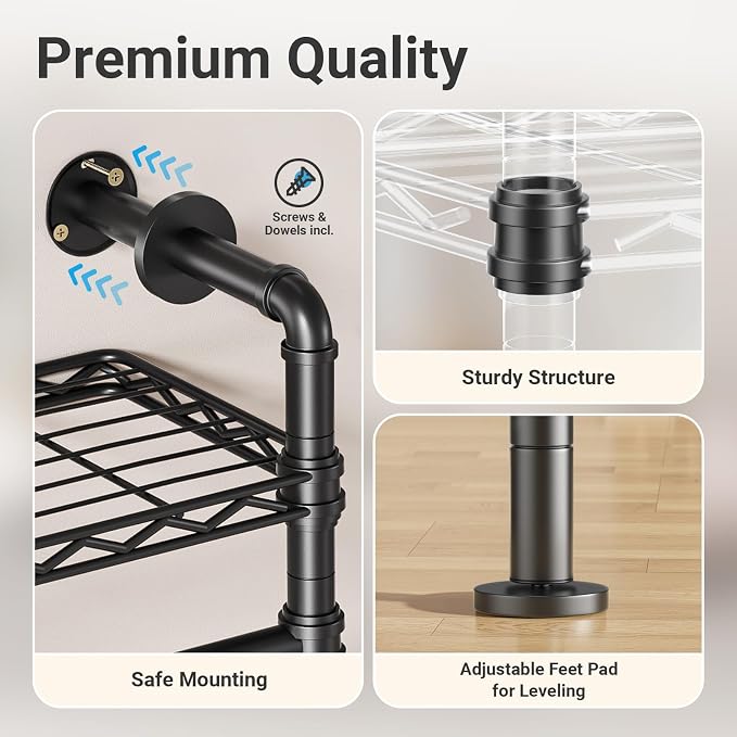 Timate F3 Garment Rack Heavy Duty Clothes Rack for Hanging Clothes, Expandable Industrial Pipe Wall Mounted Clothing Racks, Adjustable Storage Wardrobe Closet Kit Walk in Closet Systems, Black