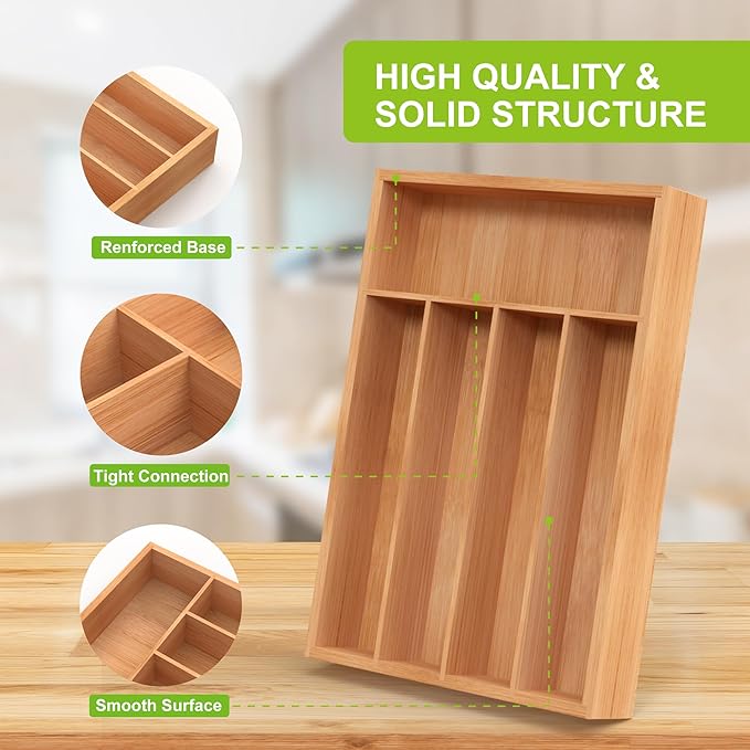 Unibambou Bamboo Utensil Drawer Organizer, Kitchen Organizer for Flatware Cutlery, Silverware Tray for Drawer (5 Slots, Natural)
