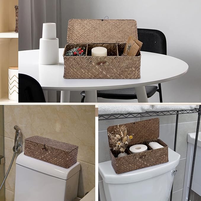 Hipiwe Storage Basket with Lid Toilet Tank Basket Holder Handwoven Wicker Basket Home Organizer Bin for Shelves Bathroom Closets Kitchen, Coffee