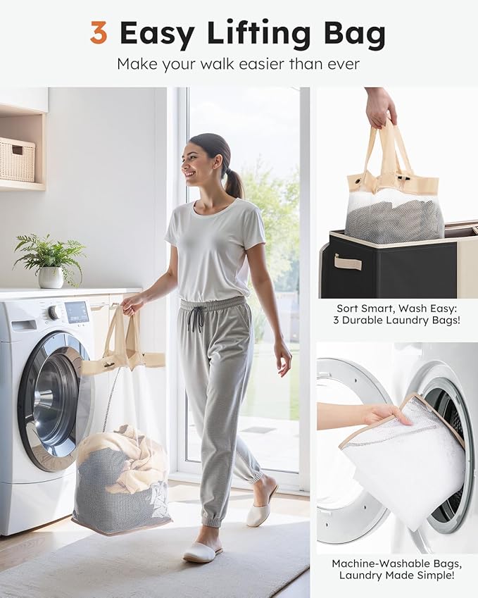SOLEDI 180L 3-Section Laundry Hamper with Lid, Extra Large Dirty Clothes Basket with Sturdy Handles for Laundry Room & Bedroom - Durable Organizer for Sorting Laundry
