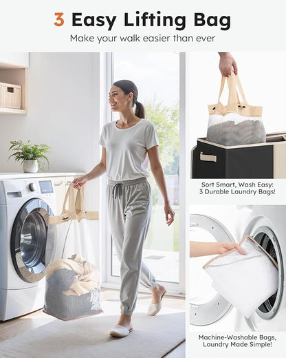SOLEDI 180L 3-Section Laundry Hamper with Lid, Extra Large Dirty Clothes Basket with Sturdy Handles for Laundry Room & Bedroom - Durable Organizer for Sorting Laundry