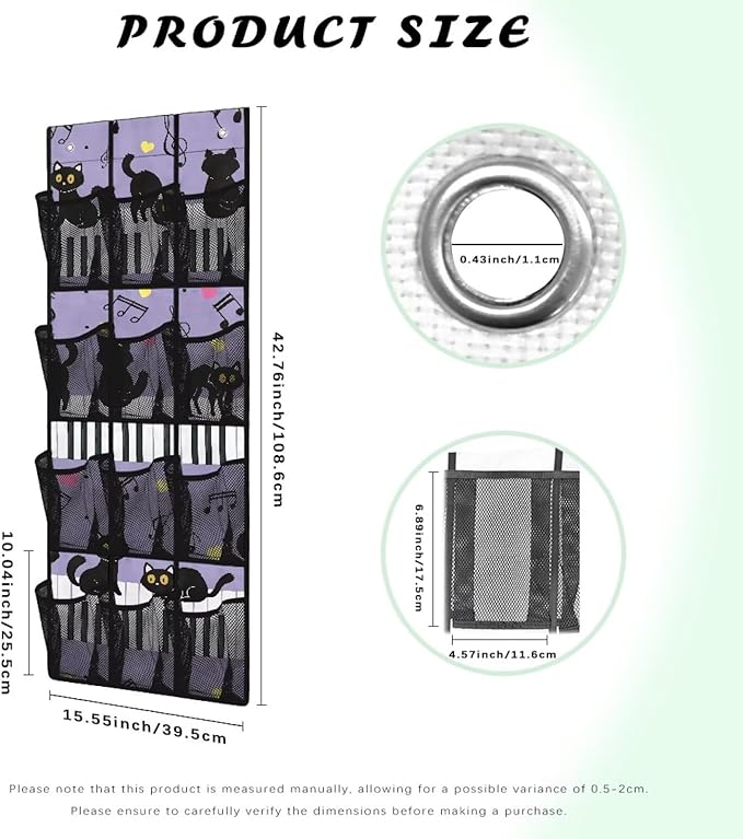 Cat Piano Hanging Shoe Organizer,Shoe Organizer Door Hanger with 12 Mesh Large Pockets,Behind Door Shoes Hang Holder Rack