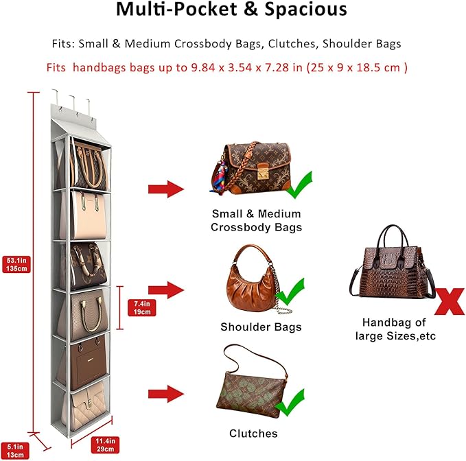Lirex Over The Door Purse Organizer & Purse Shelf for Closet – Handbag Storage Organizer with Purse Hanger. Perfect for Scarves, Hats, and Leggings. S (11.8'' x 5'' x 51.6''), Light Grey