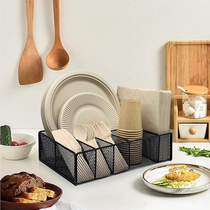 Dysanvica Metal Paper Plate Holder - Utensil Silverware Caddy for Kitchen Counter Cabinet Cutlery Flatware Organizer Storage Dispenser Box for Plastic Spoon Fork Plates Napkins Cup Party Camping Black