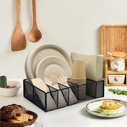 Dysanvica Metal Paper Plate Holder - Utensil Silverware Caddy for Kitchen Counter Cabinet Cutlery Flatware Organizer Storage Dispenser Box for Plastic Spoon Fork Plates Napkins Cup Party Camping Black
