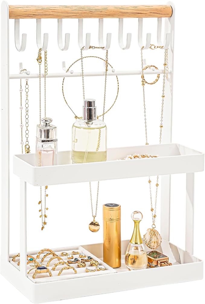 Lolalet 4-Tier Jewelry Organizer Stand with 12 Hooks, Necklace Bracelet Ring & Sunglasses Holder, Cute Metal Jewelry Storage Rack for Vanity, Dresser or Entryway, No Assembly -White