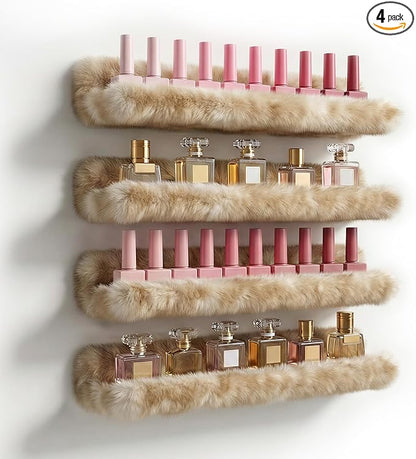 Care&More YJ 15 Inch Nail Polish Shelves, 4-Pack Fuzzy Display Nail Polish Rack for Storing Nail Bottles, Sunglasses, Essential Oils, Plush Soft (Brown)