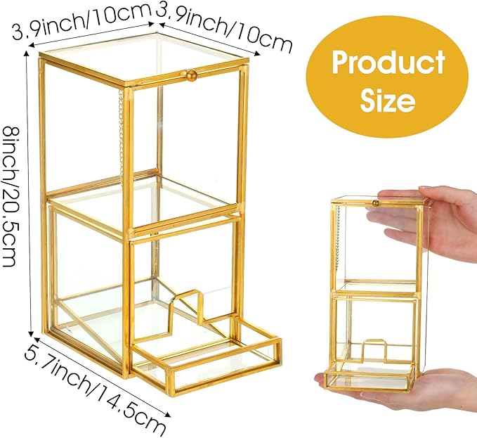 Glass Qtip Holder with Lid, Elegant Glass Q Tip Holder for Bathroom Countertop Organization, 2-Tier Cotton Ball Swab Dispenser with Gold Frame Makeup Pad Cosmetic Storage Case for Vanity Dresser