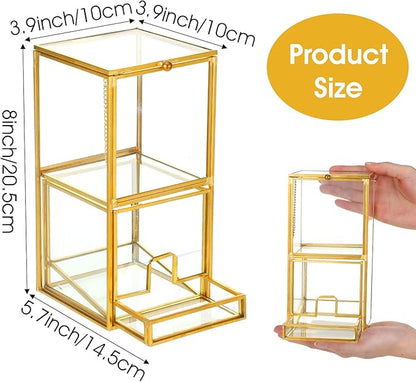 Glass Qtip Holder with Lid, Elegant Glass Q Tip Holder for Bathroom Countertop Organization, 2-Tier Cotton Ball Swab Dispenser with Gold Frame Makeup Pad Cosmetic Storage Case for Vanity Dresser