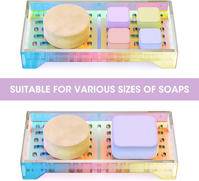 NiHome Self Draining Acrylic Soap Dish Fit for Kitsch, Durable Bathroom & Kitchen Soap Holder with 360° Airflow, Slotted Design to Keep Soap Bars Dry & Free from Residue, Easy to Clean(Iridescent)