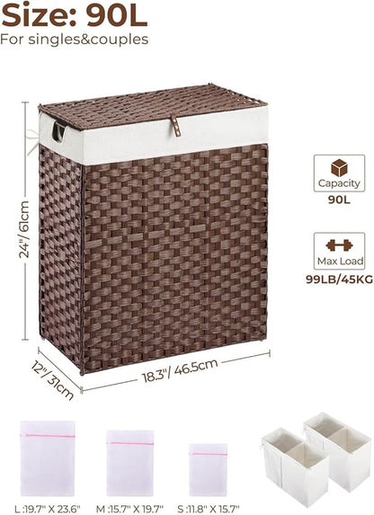 Greenstell Laundry Hamper with lid, No Install Needed, 90L Wicker Laundry Baskets Foldable 2 Removable Liner Bags, 2 Section Clothes Hamper Handwoven Rattan Laundry Basket with Handles, Brown