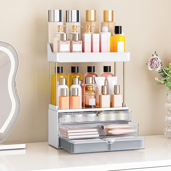 caktraie 2 Pack Bathroom Counter Organizer - 3 Drawers Makeup Organizer, Cosmetic Storage Drawer for Dresser Countertop and Bathroom Vanity for Large Skincare, Perfume, Clear