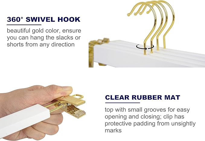 Amber Home 24 Pack 14.17" Solid White Wooden Pant Skirt Hangers with Gold Hook, Bottom Hangers for Slacks Trousers Jeans with 2-Adjustable Gold Clips (White, 24 Pack)