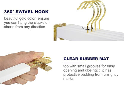 Amber Home 24 Pack 14.17" Solid White Wooden Pant Skirt Hangers with Gold Hook, Bottom Hangers for Slacks Trousers Jeans with 2-Adjustable Gold Clips (White, 24 Pack)