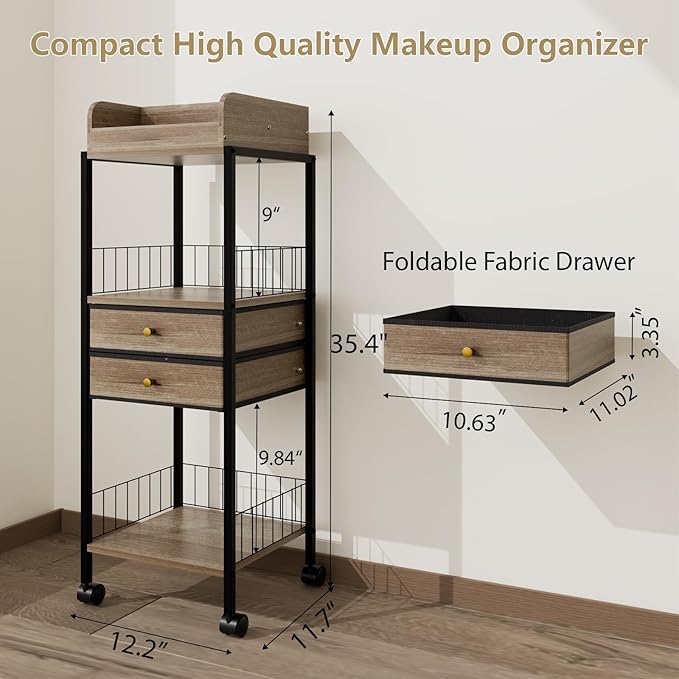 Makeup Organizer Cart Shelf Floor Skincare Organizers Make Up and Station Storage Cabinet For Vanity Standing Cosmetics With Drawers and Wheels For Nail Polish Perfume Hair Tool Beauty(Grey Oak)