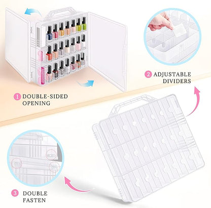 DreamGenius Nail Polish Organizer Case for 48 Bottles with 2 Nail Separators, Double Side Gel Nail Polish Holder with Adjustable Dividers, Clear