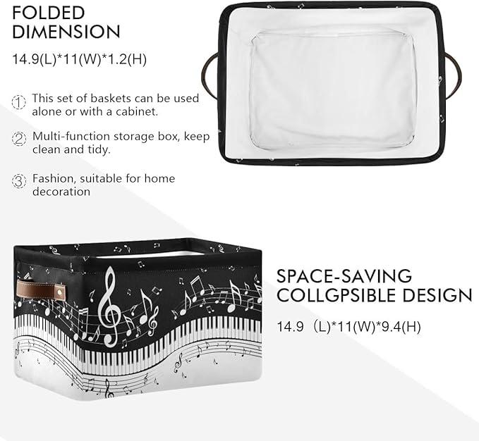 Foldable Storage Baskets Set of 2, Piano Keys Musical Notes Storage Bins with Handles, Decorative Cloth Organizer Storage Boxes for Home|Office 15 x 11 x 9.5 in