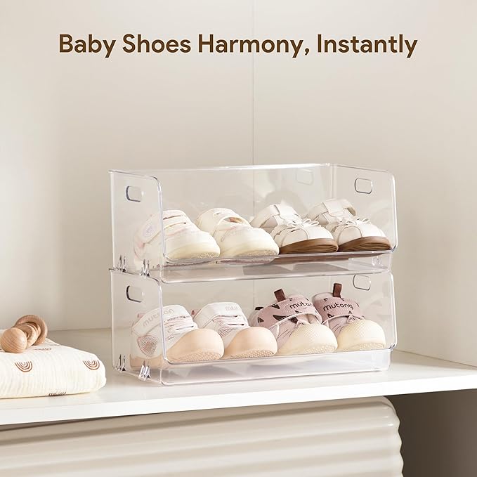 HBlife Clear Acrylic Kids Shoe Rack Baby Toddler Shoe Storage Organizer for Closet Floor Entryway Bedroom, 2 Tier Stackable Small Shoe Rack Shelf Display Stand